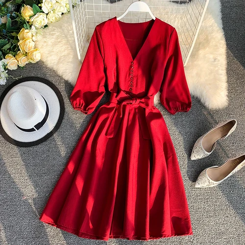 Red Gaganight шифоновое элегантное женское Макси-Платье, однотонное, половина, полный рукав, v-образный вырез, створки, вечерние платья, офисное, Дамское, шикарное, ТРАПЕЦИЕВИДНОЕ, Vestidos - Цвет: Red