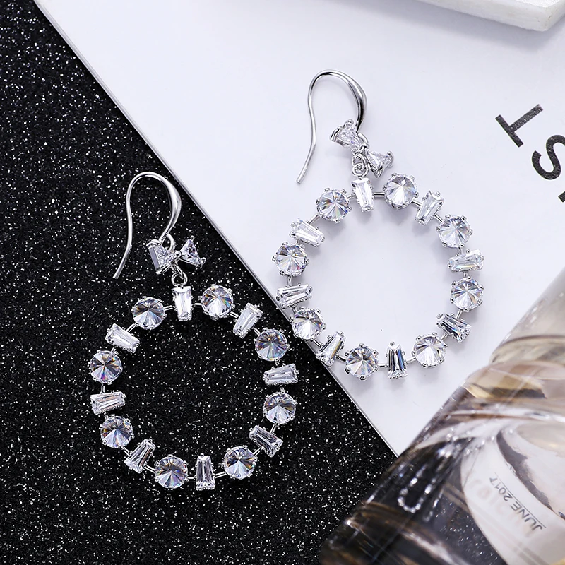 

XIUMEIYIZU Geometric Zircon Drop Earrings Round Design Luxury Colorful CZ Stone Earrings Women Wedding Jewelry Rhodium Plating