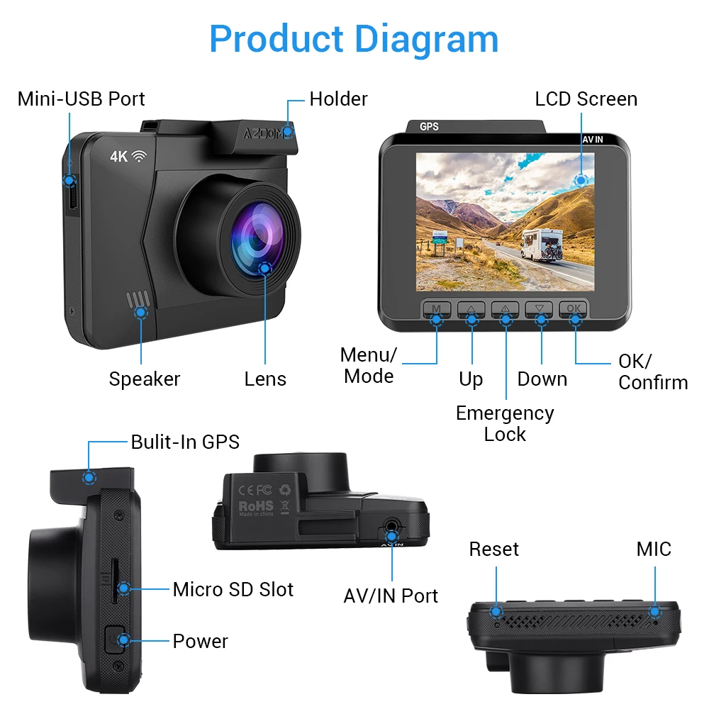 Автомобильный видеорегистратор AZDOME M06 4K HD 2160 P/24FPS ультра gps Wi Fi парковки монитор