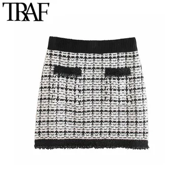 

TRAF Women Vintage Stylish Beading Appliques Tweed Mini Skirt Fashion A Line Elastic Waist Female Skirt Casual Faldas Mujer
