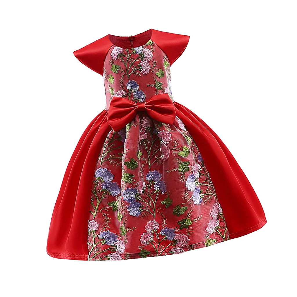 Floral Embroidery Red Satin Dress Princess Pageant Formal Dress for Girls Toddlers