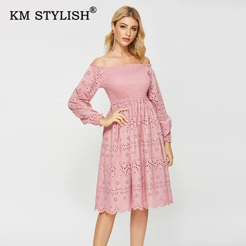 

New Women Off-shoulder Dress Floral Patchwork Cutout Elegant Casual Dresses Long-sleeve Embroidery Ruffles Female Dress 4 Colors