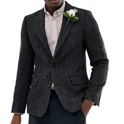 Повседневный пиджак со штанами, мужской пиджак, приталенный смокинг для выпускного вечера, твидовый шерстяной Блейзер с узором в елочку