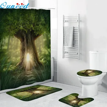 

Ouneed Shower Curtain 4PCS Seaside forest landscape printed Waterproof bath Curtain +Mat+pedestal rug+lid toilet cover sets 2020