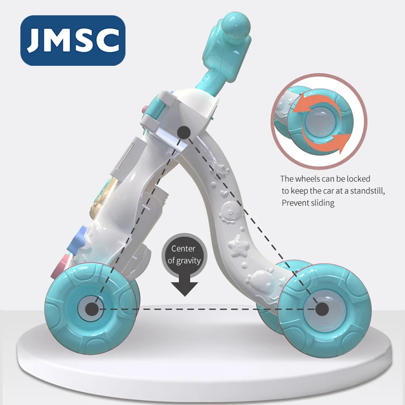 JMSC Baby Walker Multifunction Stand-to-Sit Toddler Four Wheels Trolley Kids Learning Walking Game Table Music Toys Trolley