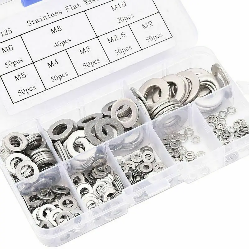 

360pcs Car Stainless Steel Silver Flat Washer Sealing Ring Assortment Durable