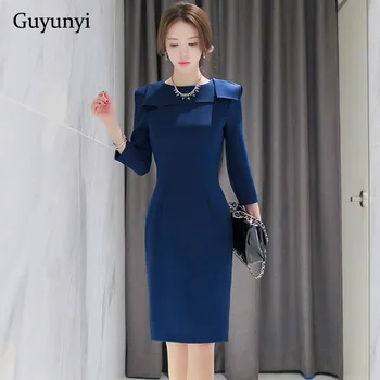 

Blue Office Lady Dress 2019 Autumn High Waist Slim Simple Three-Quarter Sleeve Temperament Elegant Party Women's Dresses