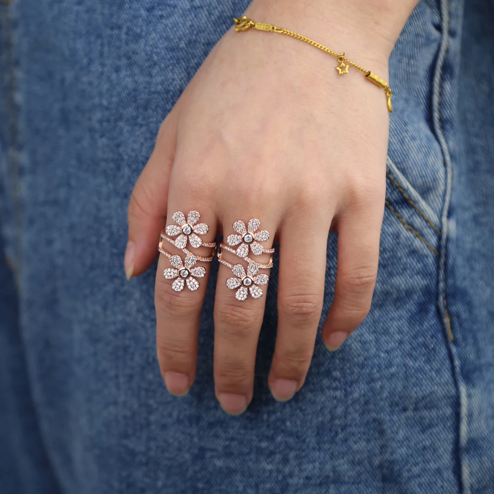 Модные украшения для пальцев Micro Pave кубический цирконий камни розовое золото Маргаритка цветок Весна большие открытые кольца для женщин