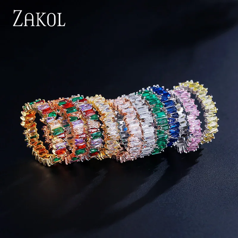 ZAKOL Fashion Luxury Multicolor Charm AAA Baguette Cubic Zirconia Wedding Rings for Women T Shape Stone Party Jewelry FSRP252