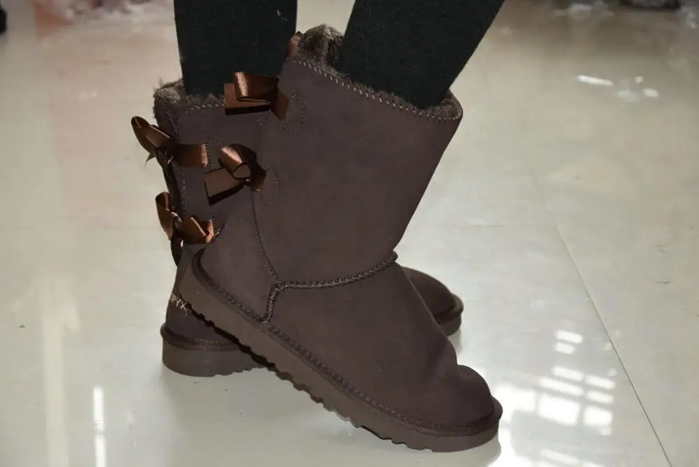 chocolate ; классические женские зимние ботинки из коровьей кожи с бантом; Botas Mujer; большие размеры США: 4-12 - Цвет: chocolate