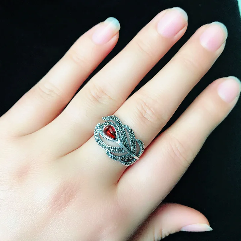 FNJ 925 Серебряное кольцо перо Новая мода Красный Зеленый циркониевый S925 стерлингового серебра кольца для женщин ювелирные изделия регулируемый размер