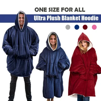 

Winter Outdoor Hooded Pocket Blankets Warm Soft Hoodie Slant Robe Bathrobe Sweatshirt Pullover TV Fleece Blanket With Sleeves