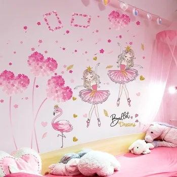 

[shijuekongjian] Pink Flowers Plant Wall Sticker DIY Girl Flamingo Wall Decals for Kids Room Baby Bedroom House Decoration