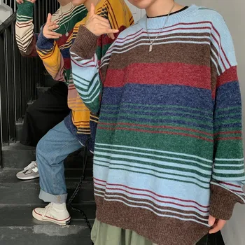 

Autumn New Sweater Men Fashion Contrast Color Casual O-neck Sweater Pullover Street Wild Loose Striped Sweater Male Clothes