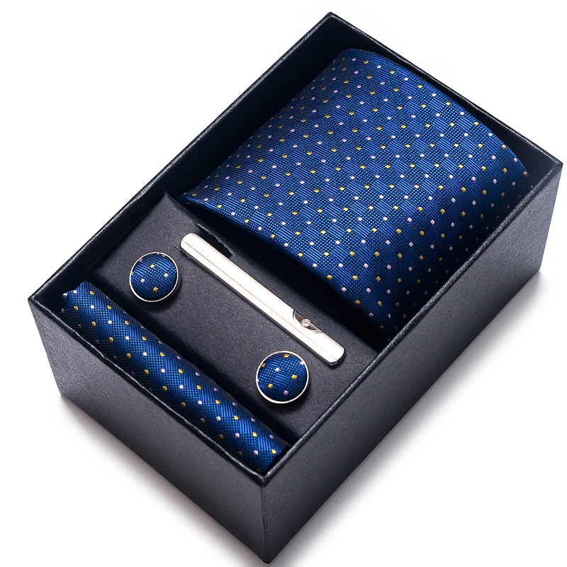 Fashion 7.5-8 cm Wide Tie Sets Black blue red Men's Neck Tie Hankerchiefs Cufflinks clip Box wedding gift silk handmade neck tie mini handkerchief