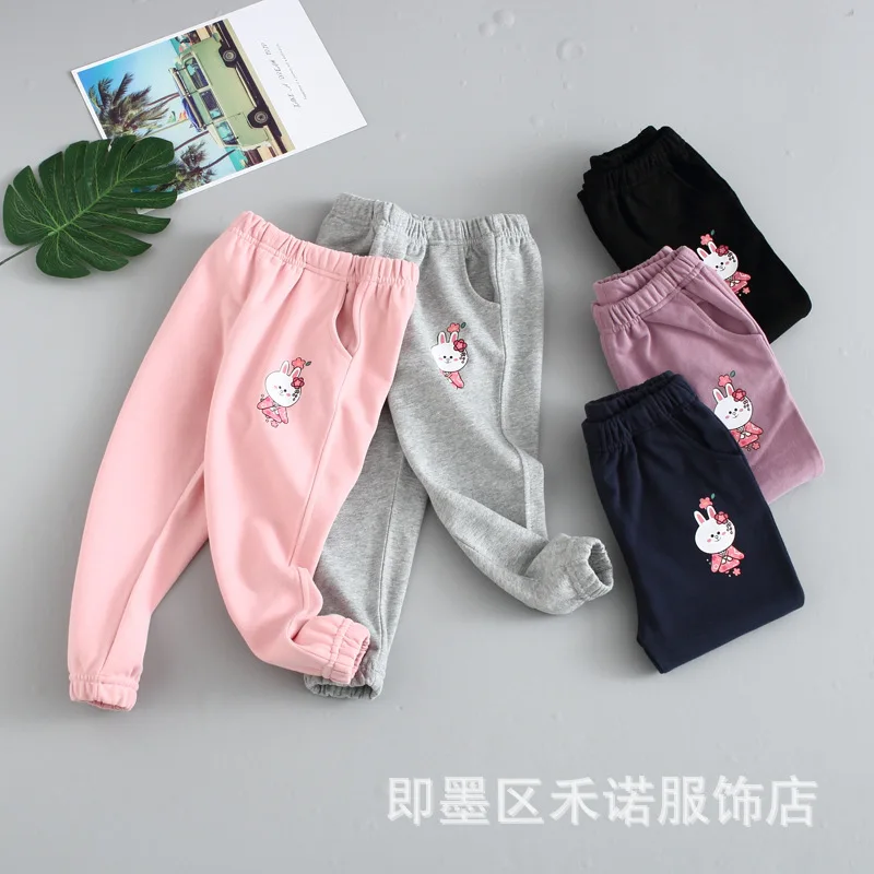 Новинка года; сезон осень; Стильные повседневные брюки для девочек с принтом кролика из мультфильма; Детские универсальные брюки; Длина брюк; детская одежда