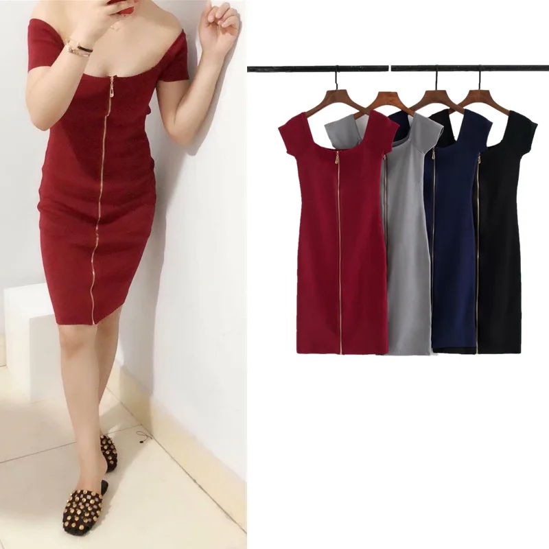 

Summer Europe And America Square Collar Expose Clavicle Backless Short Sleeve Jersey Dress Elasticity Slim Fit Zipper Skirt Fash