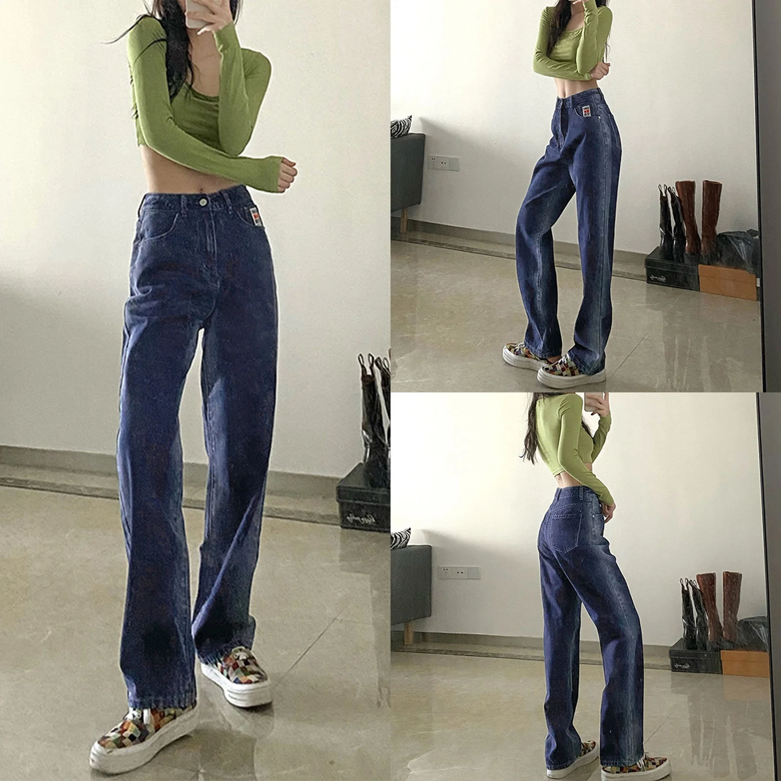 

Nice Pop Women’s Korean Straight Jeans Personality Gradient Color High-waist Long Pants With Pocket Vogue All-match