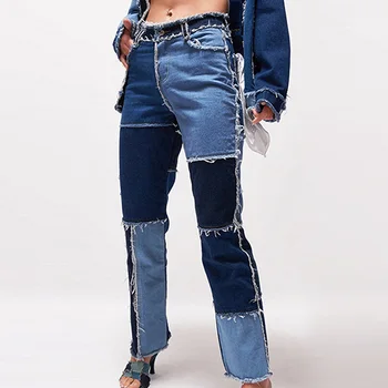 

Women New High Waisted Jeans Women Casual Long Trouses Ladies Patchwork Fashion Denim Pants Capris Pocket Streetwear 2020