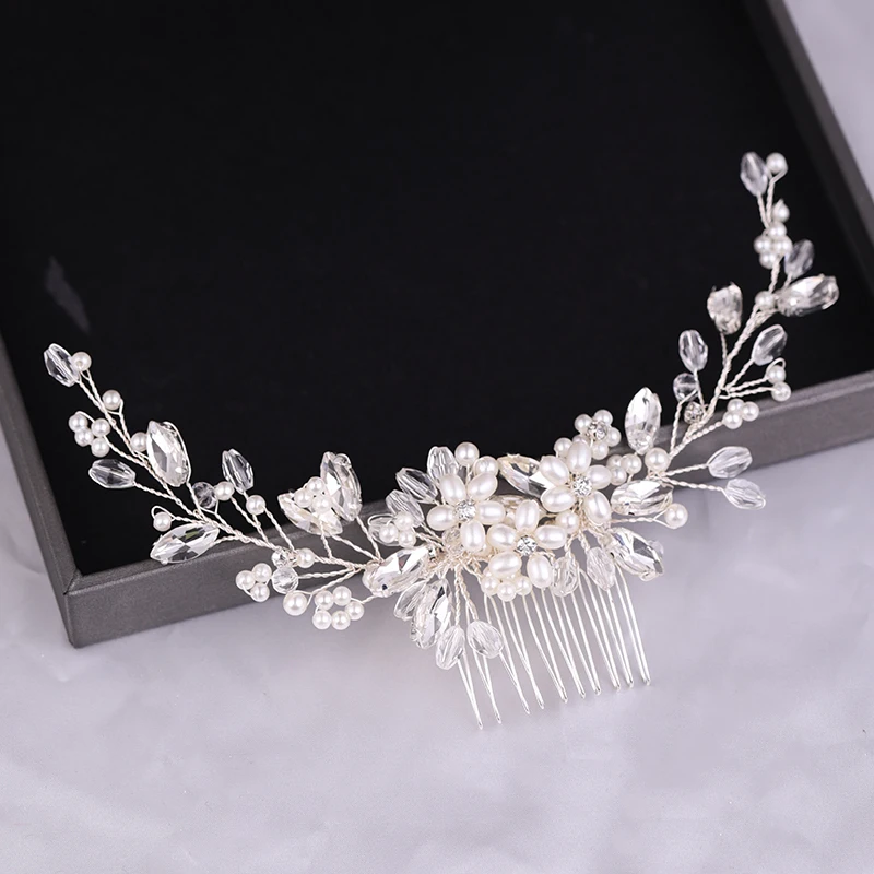 Handmade Pearls Wedding Hair Accessories Silver Color Tiara Hair Combs For Women Cheap Band Bridal Jewelry Headpiece