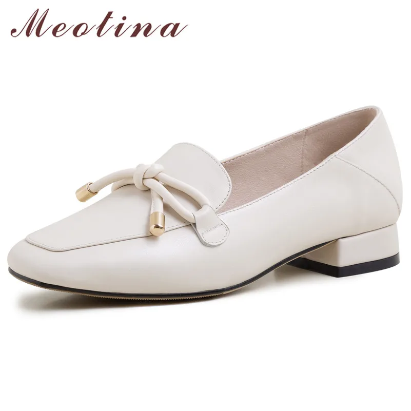 

Meotina Real Leather Flats Women Shoes Natural Genuine Leather Flat Loafers Shoes Bow Square Toe Boat Shoes Lady Plus Size 33-43