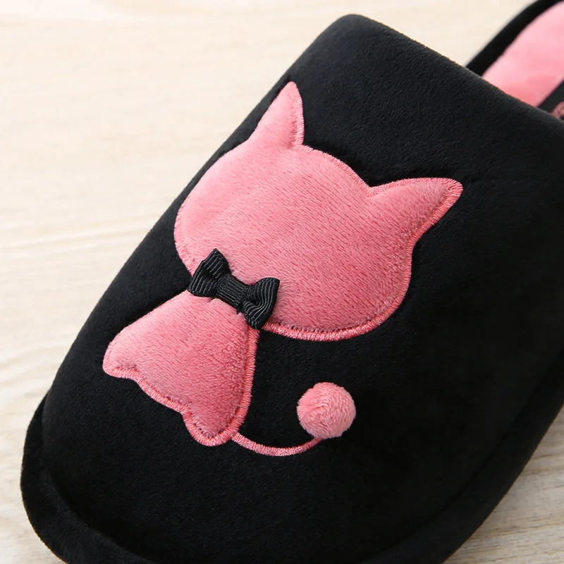 Зимние женские и мужские домашние тапочки с милым рисунком кота; цвет черный, розовый, красный; домашние теплые хлопковые тапочки для женщин; подарок для девочек