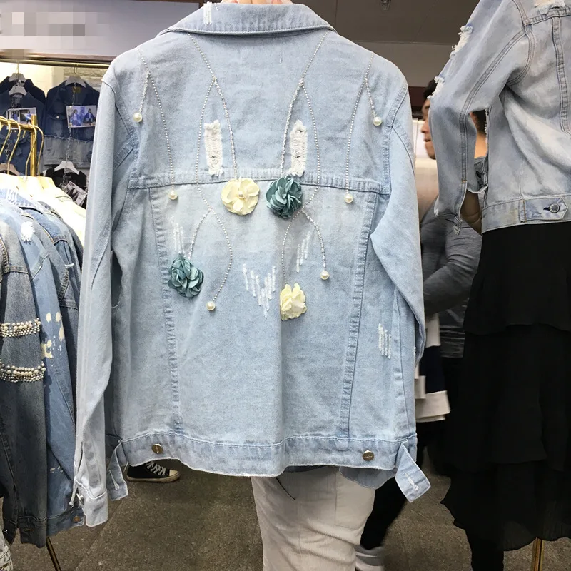 

2019 Spring And Autumn New Style Korean-style Slimming Handmade Beading Stereo Flower Long Sleeve Cowboy Versatile Jacket Cardig