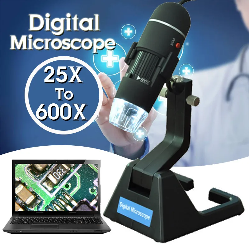 25X-600X USB Цифровые микроскопы зум эндоскопическая Лупа Microscopio с 8-светодиодный светильник универсальная подставка True 2.0MP видео Камера