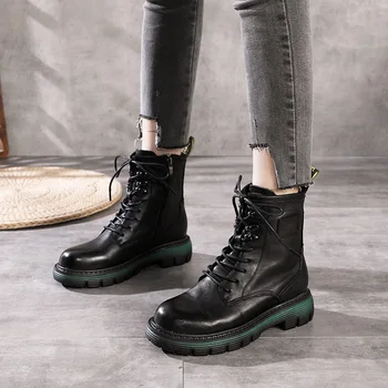 

2020 single boot with medium heel, thick sole, soft sole and lace up Martin boots, 6 inch leather British women's Boots