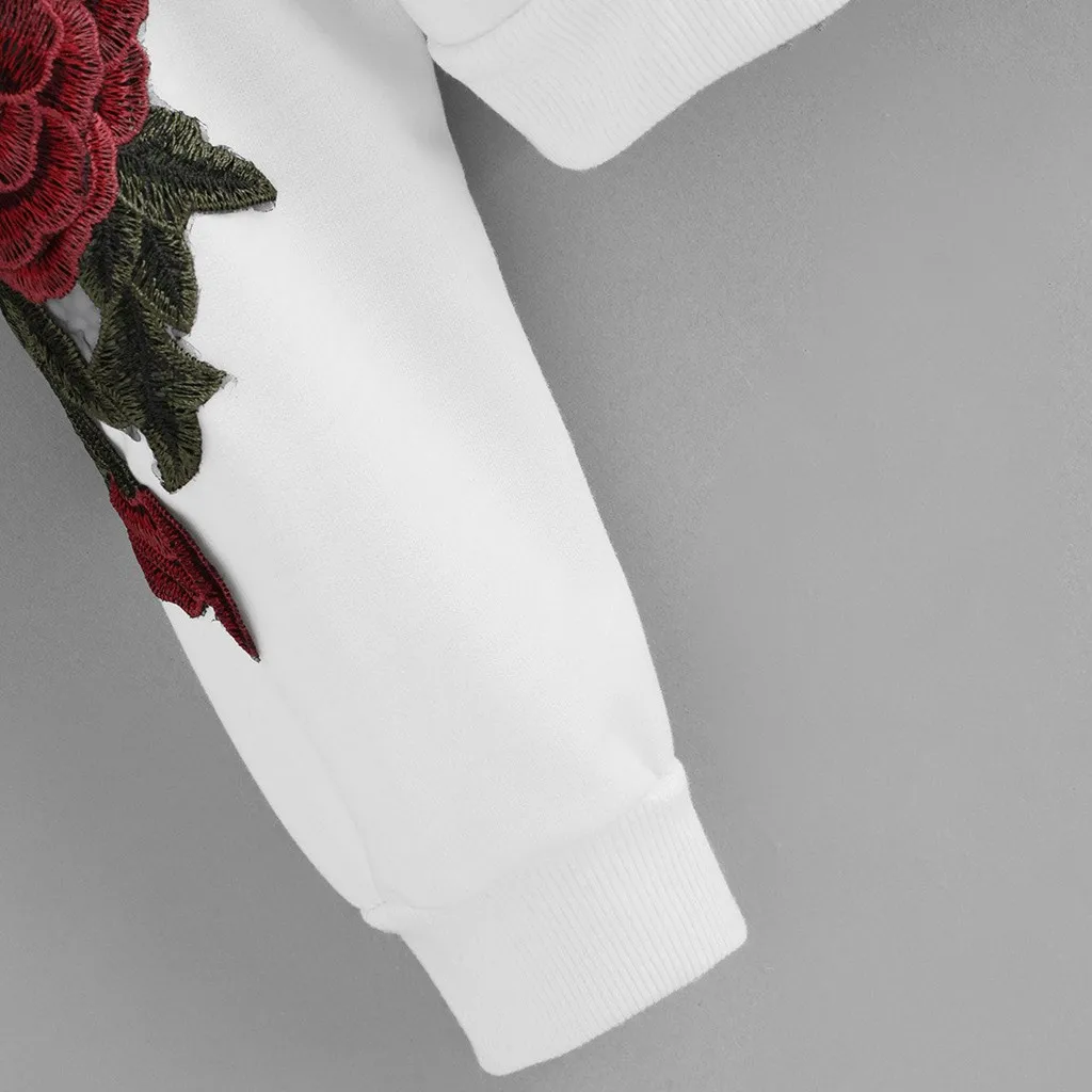 JAYCOSIN Fashion Women Casual Rose Applique Long Sleeve Sweatshirt Casual Popular Chic Solid Elegant Blouse Sweatshirt