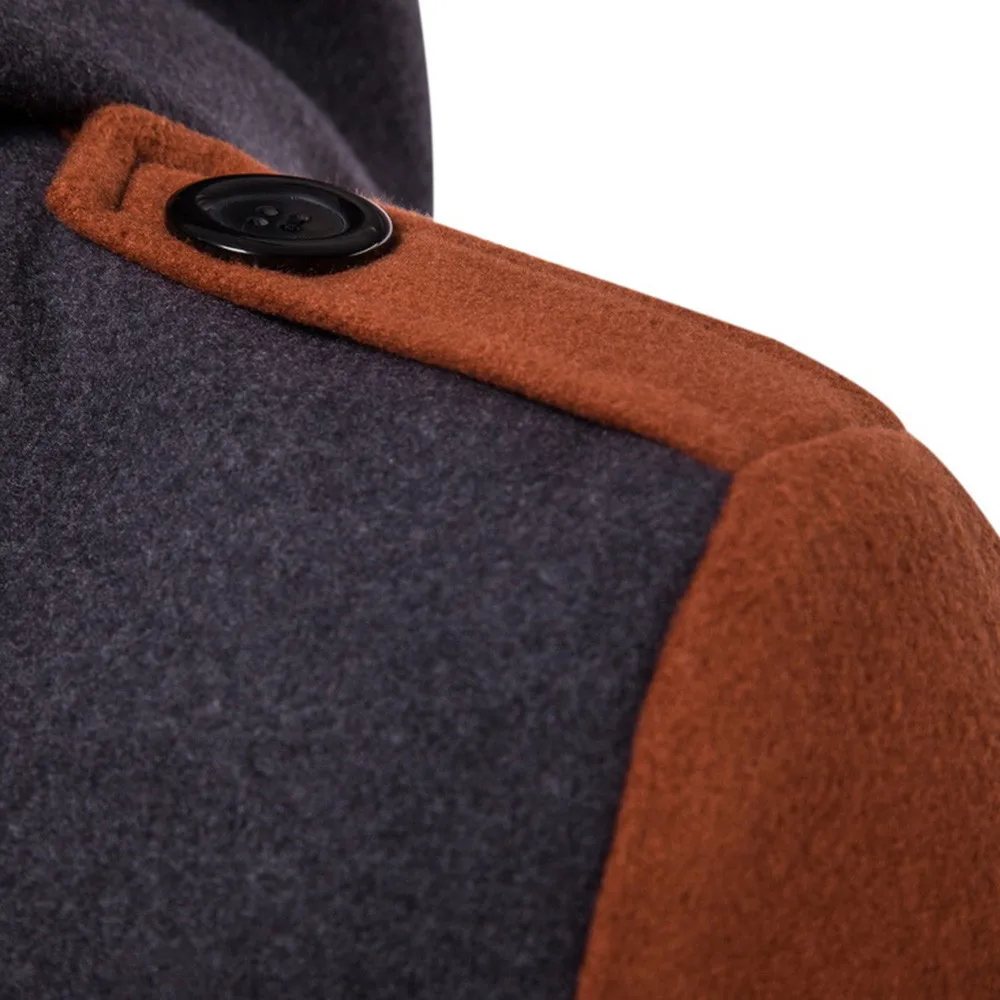 Осенне-зимнее мужское шерстяное пальто модная Лоскутная длинная куртка с карманом двубортный ремень с капюшоном Мужское пальто