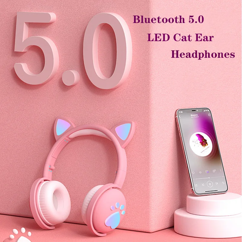 Kids Bluetooth Headphones Cute LED Wireless Headset With Mic HIFI Stereo Earphones Support TF Card for Mobile Phones Girl Gift