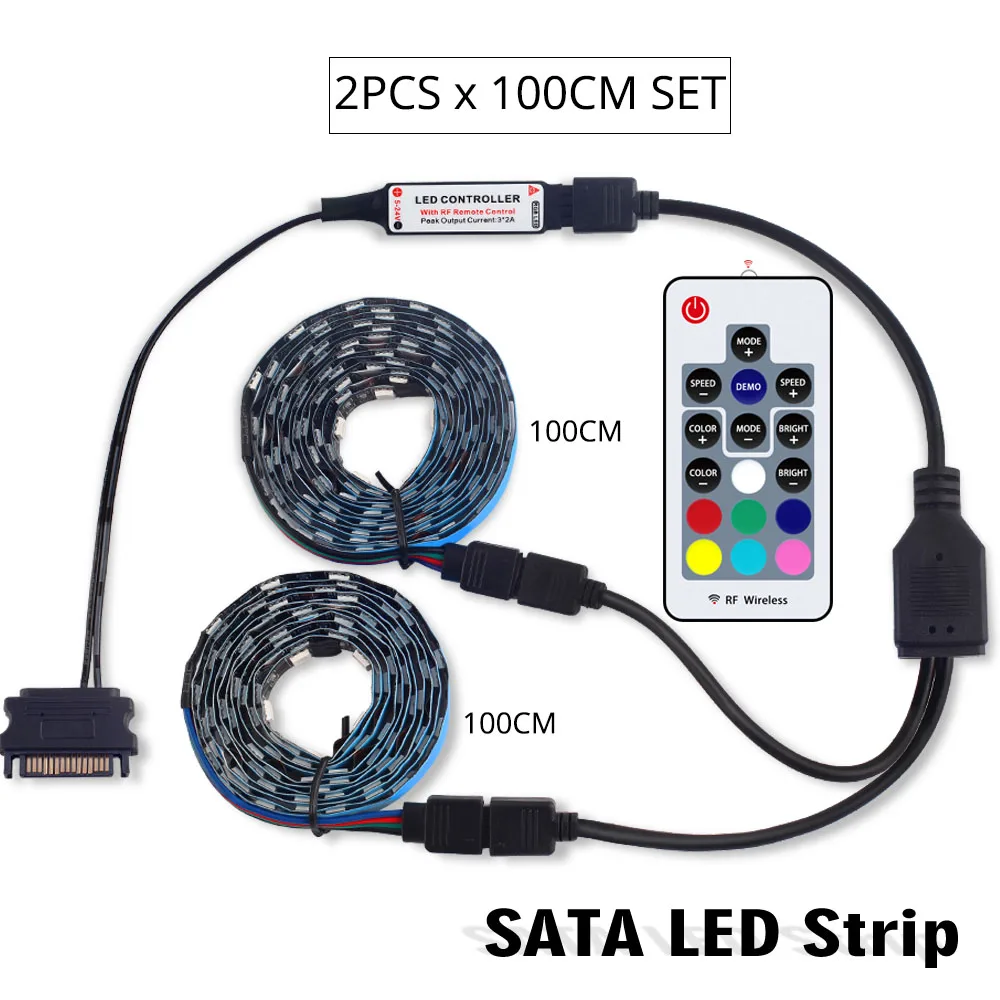 DC 12 В RGB 5050 Светодиодная лента для Светодиодный чехол для ПК компьютера SATA rgb лента 1 м 2 м, 17Key RF SATA светодиодный контроллер гибкий светильник - Испускаемый цвет: 2pcs x 100CM SET