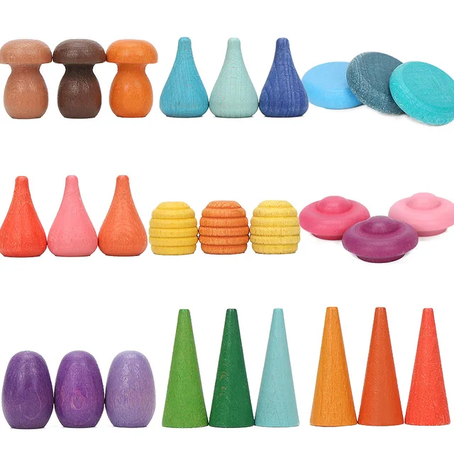 6pcs Wooden Rainbow Stacker Rainbow Blocks Loose Parts Toy Mushrooms Tree cones Wooden Puzzle Blocks Montessori Educational Toys 2