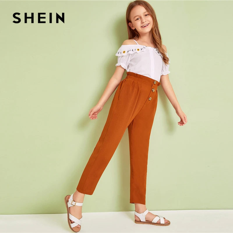 SHEIN Kiddie/коричневые однотонные штаны с бумажной сумкой и пуговицами на талии; возможность носить с брюками для мамы и ребенка; коллекция года; осенние брюки с оборками для девочек; Одинаковая одежда для семьи