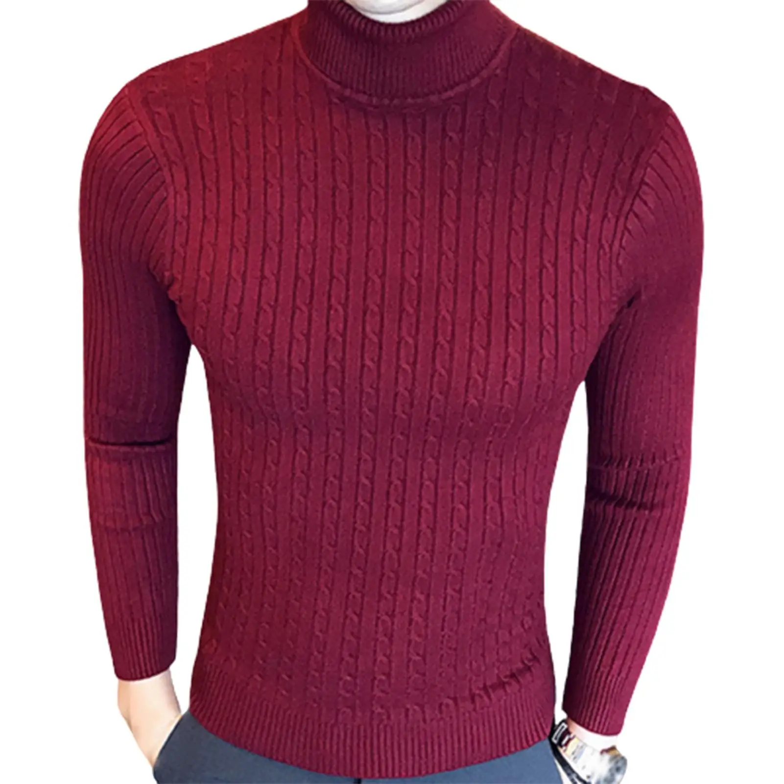 De talla grande de los hombres de invierno suéter cuello tortuga manga larga cálido suéter Delgado ropa de punto Twist suéter