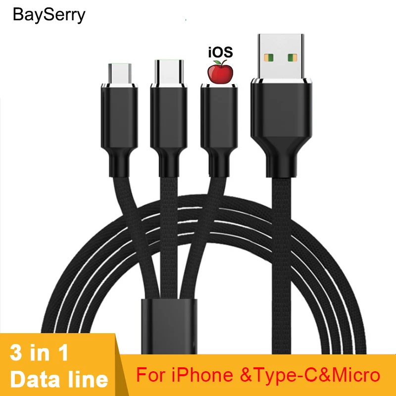 BaySerry 3 в 1 usb type C кабель для iPhone 11 Pro Max XR Быстрая зарядка Micro usb type C для samsung S9 Xiaomi huawei провод шнур