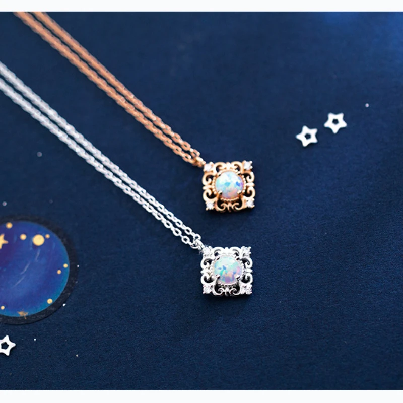 S925 Серебряный кулон ожерелье женский сладкий квадратный узор короткая цепь для ключиц опал Ожерелья для женщин девочек свадебные ювелирные изделия - Цвет камня: Silver