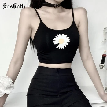 

InsGoth Harajuku Daisy Flower Print Crop Tank Tops Women Black Bodycon Sexy Camis Gothic Streetwear Summer 2020 Casual Camisoles