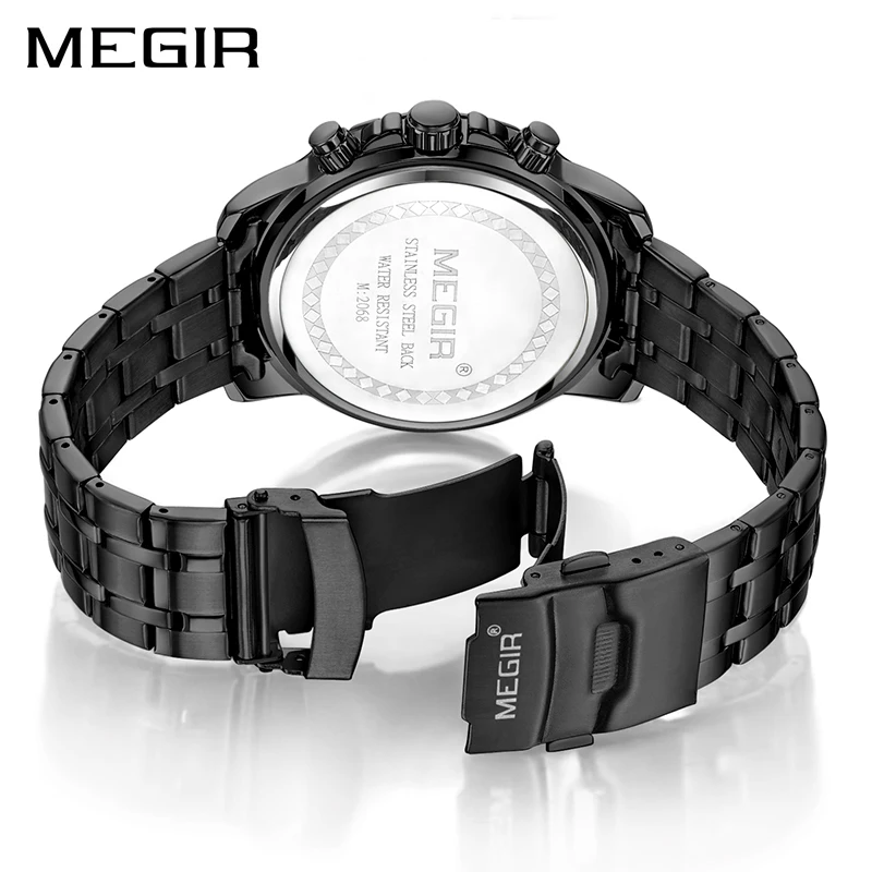 Relogio Masculino MEGIR New Black Stainless Steel Mens Quartz Watches Top Brand Luxury Luminous Waterproof Quartz Man Watch