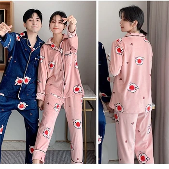 

Man pajamas set cartoon cute couple pajamas autumn winter warm thick long pajamas set casual home service sexy nightwear пижама