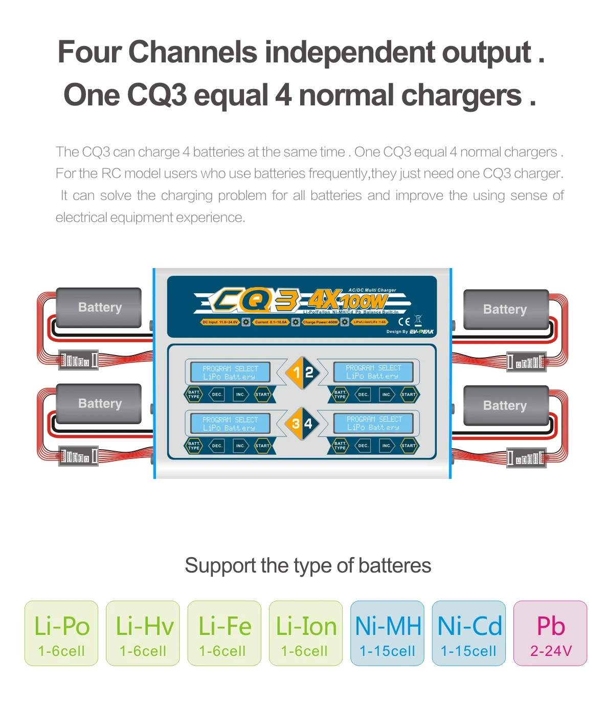 EV-пик 100 Вт x 4 CQ3 RC Баланс Lipo зарядное устройство Nimh Nicd литиевая батарея зарядное устройство СОП зарядное устройство с цифровым ЖК-экраном