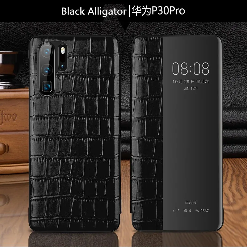 Black Alligator Чехол-книжка из натуральной кожи для телефона huawei mate 20 Pro RS P30 Pro, текстурный смарт-чехол для телефона, полный корпус, бизнес-защита - Цвет: Black Alligator