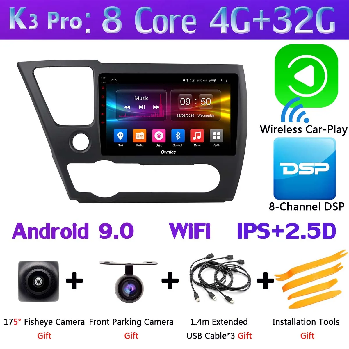 K3 Pro CarPlay 360°AHD Камера Android 9,0 4G Оперативная память+ 64G Встроенная память SPDIF DSP CarPlay Автомобильный мультимедийный gps радио плеер для Honda Civic EX-L купе 2013 - Цвет: K3 Pro CarPlay