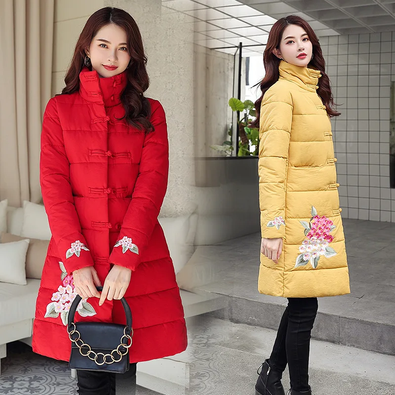 

Style-2019 Winter Cotton Dress Women's Style Retro Embroidered Nation WOMEN'S Dress Stand Collar Slim Fit Cotton Overcoat