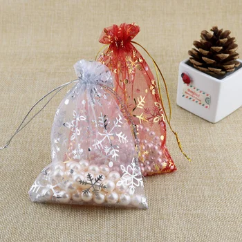 

50 pcs Christmas Gauze Bags Snowflake Drawstring Small Transparent Gift Bag Jewelry Pouches for Wedding Packaging