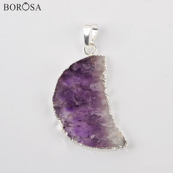 

BOROSA Silver Plated Natural Amethysts Slice Druzy Charms for Necklace Moon Shape Purple Crystal Quartz Pendant for Women WX1364