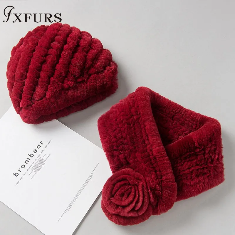 

2019 New Women Rex Rabbit Fur Hats Real Fur Scarves One Set Winter Warm Fur Caps Rings Russian Rabbit Fur Beanies Wraps Female