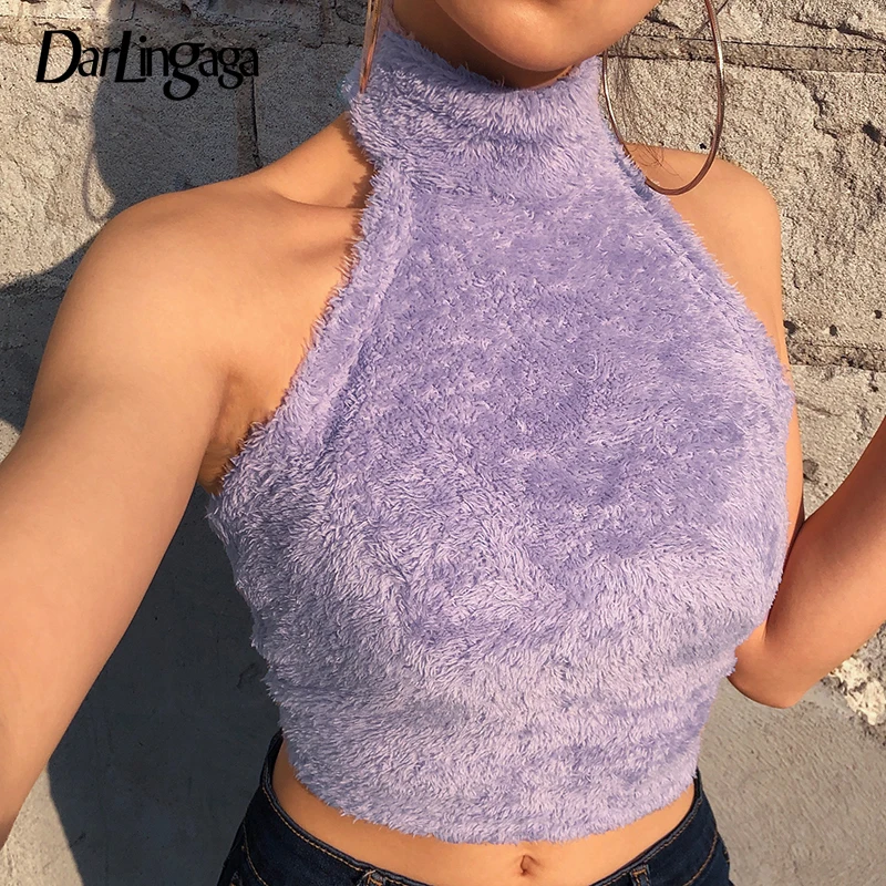 Purple Darlingaga, с открытой спиной, Пушистый Плюшевый топ на бретелях, женский укороченный мягкий облегающий модный топ на бретелях, короткий жилет, однотонные Короткие топы, летние майки - Цвет: Purple