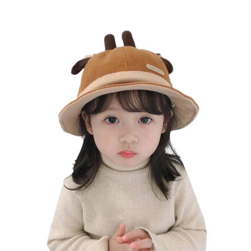 Baby Boys Girl Solid Print Bucket Hats Cartoon Ear Design Caps Reversible Sun Headwears 1-4y Autumn - Цвет: C